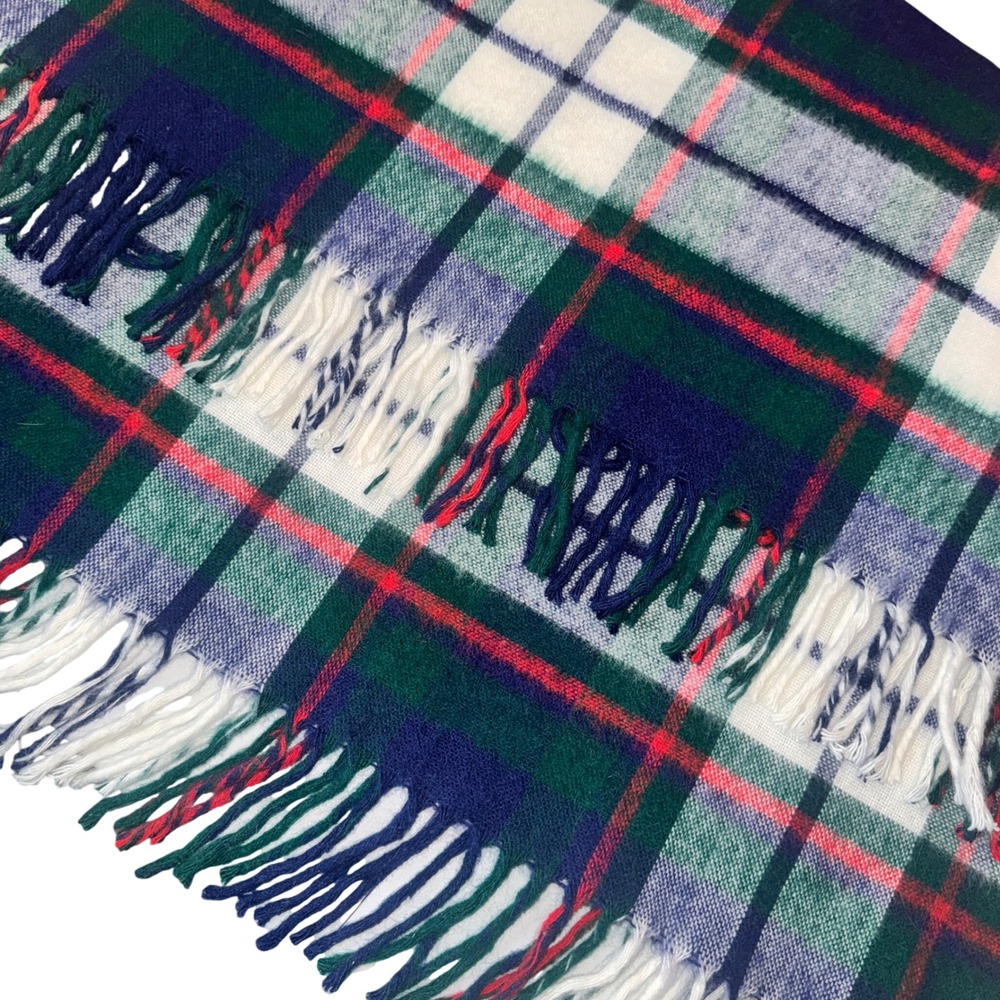 Tartan Plaid Wool Blend Fringe Stadium Blanket Throw Navy Green White 48x58